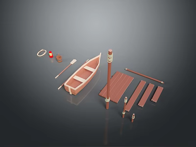 Wooden Small Boat With Dock Planks Posts Life Ring Lantern And Paddle 3d model