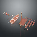 Wooden Small Boat With Dock Planks Posts Life Ring Lantern And Paddle