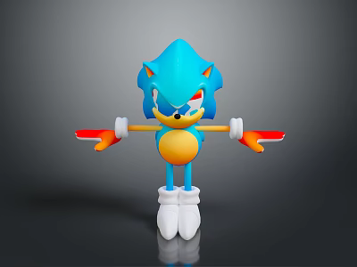 Blue Hedgehog Character With Yellow Belly Red Gloves And White Shoes Standing With Spread Arms 3d model