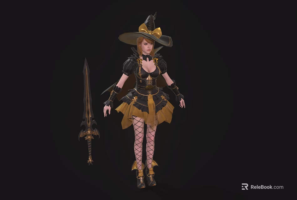Game Female Character In Black Gold Witch Outfit With Large Sword And Fishnet Stockings 3d model 
