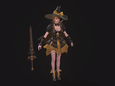 Game Female Character In Black Gold Witch Outfit With Large Sword And Fishnet Stockings 3d model