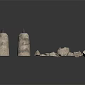 Stone Garden Ornaments With Pointed Top Pillars And Scattered Pieces