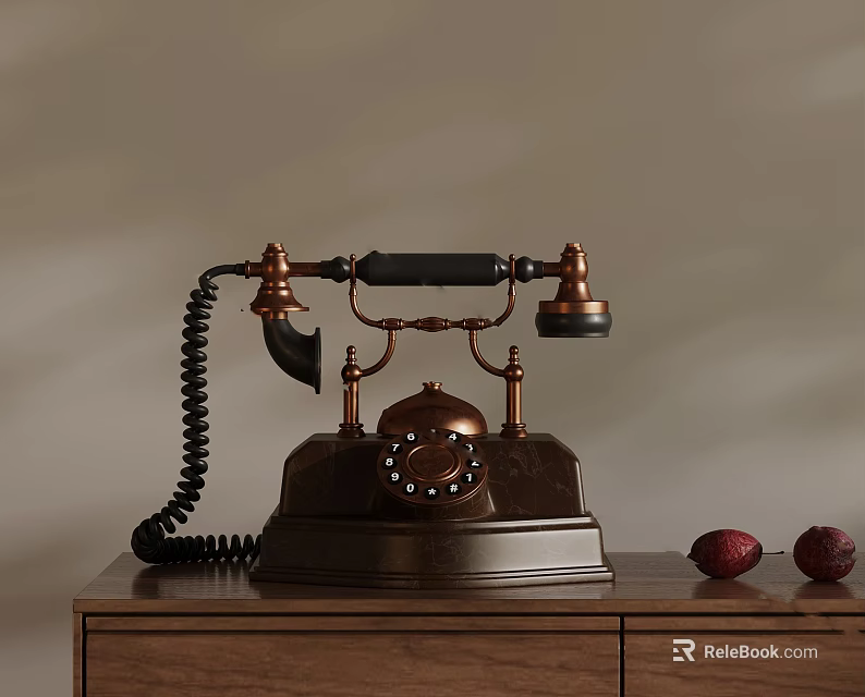 Vintage Brass Telephone With Rotary Dial On Wooden Cabinet And Red Fruits 3d model 