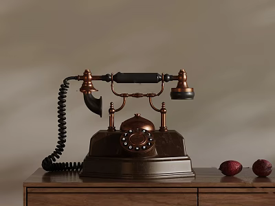 Vintage Brass Telephone With Rotary Dial On Wooden Cabinet And Red Fruits 3d model