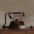 Vintage Brass Telephone With Rotary Dial On Wooden Cabinet And Red Fruits