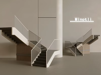 Minotii Modern Staircase Design With Glass Railings Wooden Steps And White Structure In Minimalist Interior 3d model