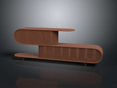 Modern Brown Wooden Cabinet with Curved Design Layered Structure and Vertical Slats on Slim Legs 3d model