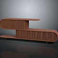 Modern Brown Wooden Cabinet with Curved Design Layered Structure and Vertical Slats on Slim Legs