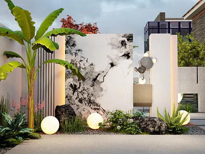 Modern Garden Landscape with Tropical Plants Ink Painting Wall Round Lights and Decorative Stones 3d model