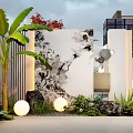 Modern Garden Landscape with Tropical Plants Ink Painting Wall Round Lights and Decorative Stones