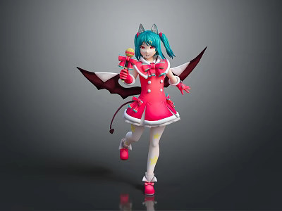 Anime Game Character With Blue Hair Horns Wearing Red Dress Black Wings Holding Lollipop 3d model