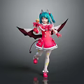 Anime Game Character With Blue Hair Horns Wearing Red Dress Black Wings Holding Lollipop