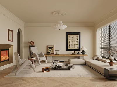 Warm Living Room Interior Design With Fireplace Sofa White Pendant Light And Area Rug 3d model