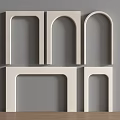 White Geometric Wall Mounted Shelves With Arch And Rectangular Designs On Wooden Floor