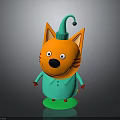 Orange Cat Cartoon Character Standing On Green Base With Pointed Hat And Smiling Expression