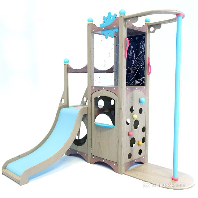 Kids Play Equipment with Wooden Frame Blue Slide Climbing Panel and Colorful Dots 3d model 