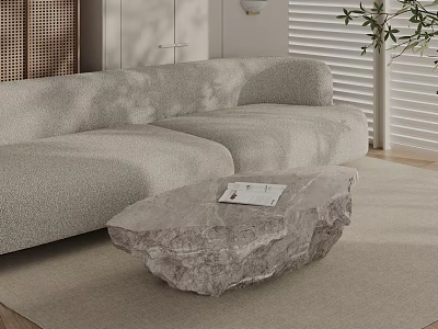 Natural Stone Coffee Table With Book In Modern Living Room With Light Gray Sofa 3d model