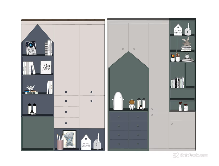 Modern Bookcase with Open Shelves Drawers Neutral Color Design and Decorative Items 3d model 