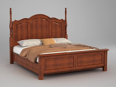 Traditional Wooden Double Bed With Carved Headboard And Soft Bedding Pillows 3d model