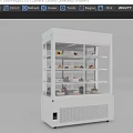 White Glass Door Refrigerated Display Case With Multiple Shelves Displaying Desserts And Fruits