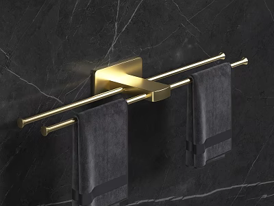 Modern Luxury Bathroom Cabinet Rack With Golden Double Rod Towel Holder On Black Marble Wall 3d model
