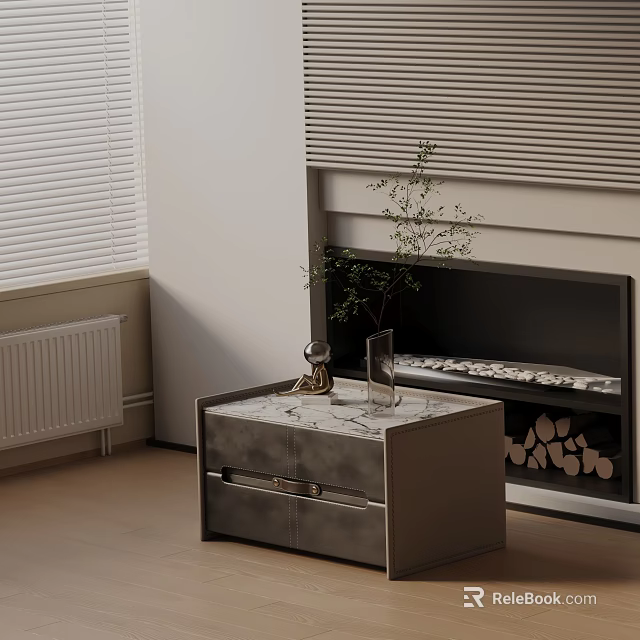 Bedside Table With Marble Top Drawers And Vase With Plant Near Fireplace Firewood In Room 3d model 