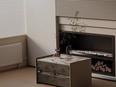 Bedside Table With Marble Top Drawers And Vase With Plant Near Fireplace Firewood In Room 3d model
