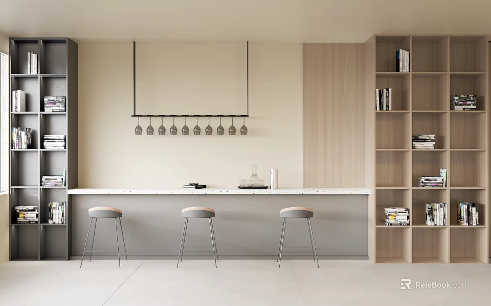 Modern Bar Counter Design With White Countertop Three Stools Wine Glass Holder And Bookshelves 3d model 