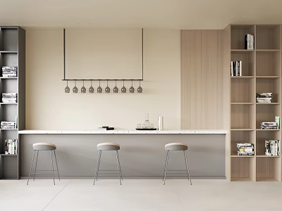 Modern Bar Counter Design With White Countertop Three Stools Wine Glass Holder And Bookshelves 3d model