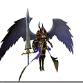 Game and Movie Character with Large Blue Wings Holding Long Sword in Ornate Armor