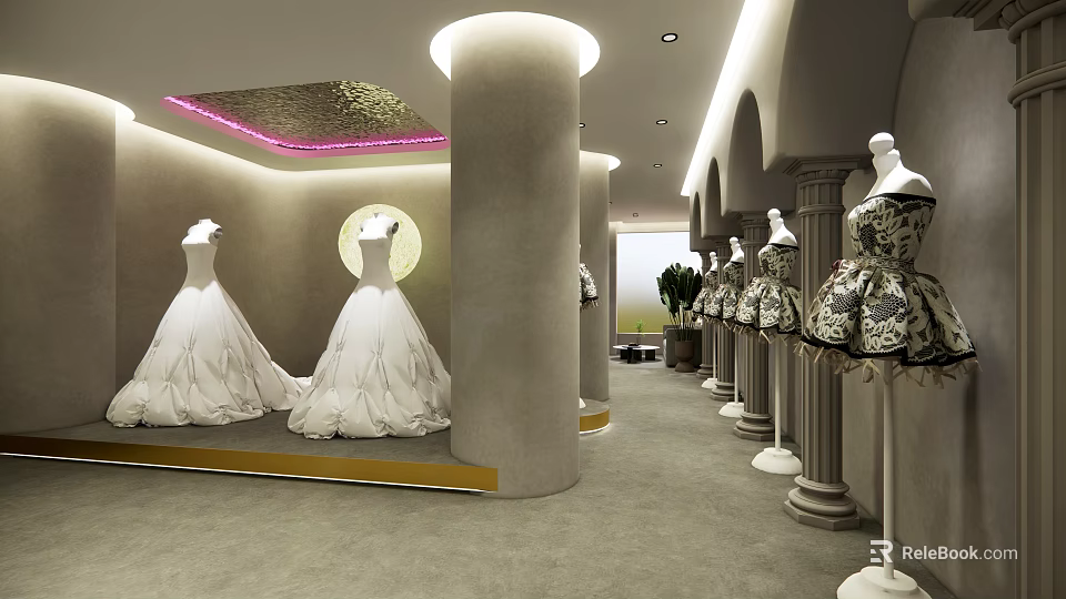 Elegant Bridal Shop Interior with White Wedding Dresses Soft Lighting and Columns 3d model 