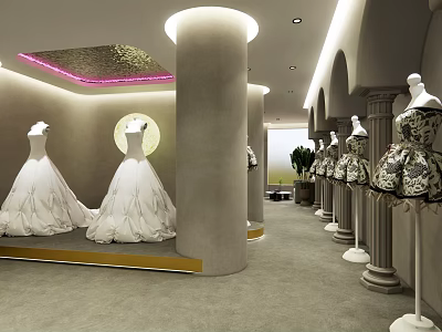 Elegant Bridal Shop Interior with White Wedding Dresses Soft Lighting and Columns 3d model