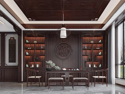 Traditional Tea Room Interior With Dark Wood Shelves Round Decor And Furniture 3d model