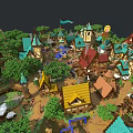 Fantasy Island Scenery With Green Trees Cottages Blue Stream And Fairy Tale Buildings