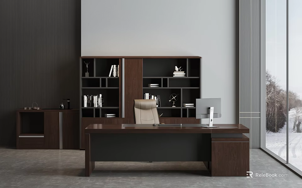 Modern Office Desk With Wooden Finish Computer Monitor And Office Chair In Office Space 3d model 