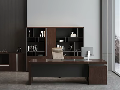 Modern Office Desk With Wooden Finish Computer Monitor And Office Chair In Office Space 3d model