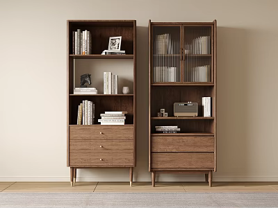Modern Wooden Bookcases With Multiple Shelves Drawers Glass Doors Books And Decorative Items 3d model