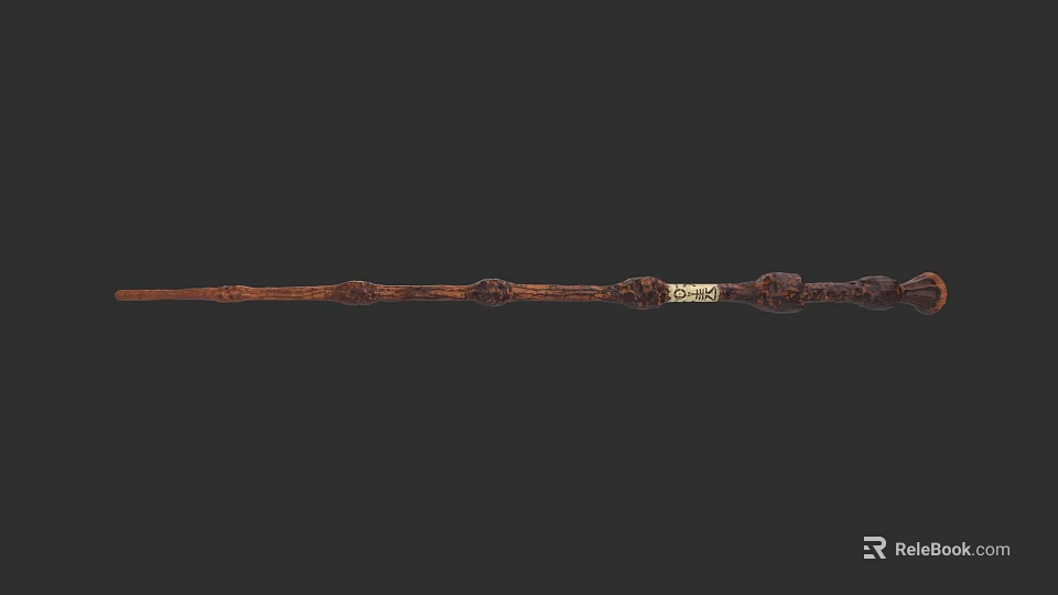 Handcrafted Wooden Staff Weapon With Intricate Carved Patterns And White Middle Label 3d model 