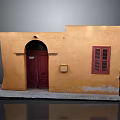 Arched Red Double Doors On Yellow Wall Building With Red Shutters Mailbox And Peeling Paint