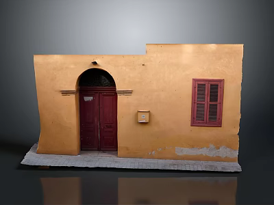 Arched Red Double Doors On Yellow Wall Building With Red Shutters Mailbox And Peeling Paint 3d model