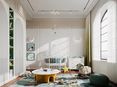 Cozy Children's Bedroom With White Crib Stuffed Sheep Toys Round Table And Bookshelf 3d model