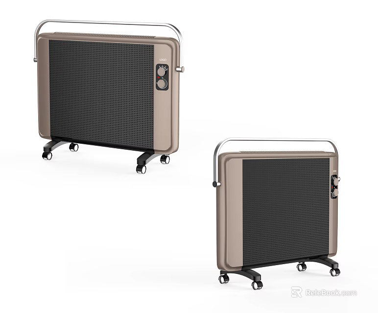 Two Beige Electric Heaters With Wheeled Base Grid Panel And Control Panel 3d model 