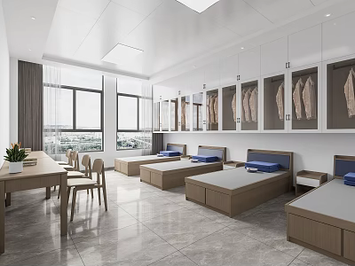 Bright Room With Beds Table Chairs Wall Cabinets Human Anatomy Pictures Large Windows Tile Floor 3d model