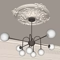 Elegant Chandelier With White Spherical Lampshades And Black Metal Frame On Decorative Ceiling Medallion