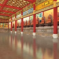 Traditional Buddhist Temple Interior With Red Pillars Golden Ceiling Painted Walls And Buddha Statues