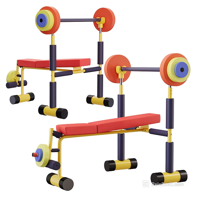Colorful Sports Equipment Set With Weight Bench Barbell Red Seats And Support Frames 3d model 