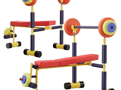 Colorful Sports Equipment Set With Weight Bench Barbell Red Seats And Support Frames 3d model