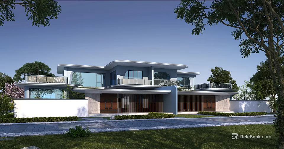 Modern Single Family Villa With Large Glass Windows Balconies And Greenery 3d model 