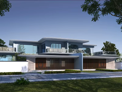 Modern Single Family Villa With Large Glass Windows Balconies And Greenery 3d model