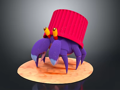 Purple Crab Wearing Red Knitted Hat With Yellow And Red Eyes On Orange Platform 3d model